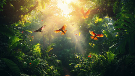 Vibrant birds soar through the misty forest, showcasing their colors against a backdrop of rich green foliage and a winding dirt path.の素材