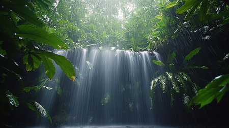 Sunlight filters through dense foliage as rain falls softly in a vibrant rainforest, creating a serene atmosphere in the early morning hours.の素材