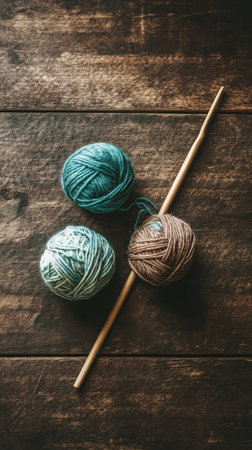 Two vibrant yellow yarn balls are placed on a rustic wooden surface with a knitting needle resting across them, inviting creative crafting and relaxation.の素材