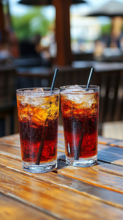 Two glasses of whiskey with ice sit on a wooden table, surrounded by the warm glow of evening lights in a tranquil park atmosphere.の素材