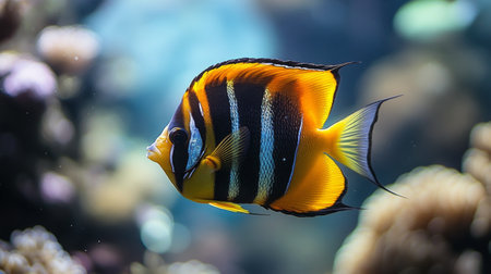 A striking butterfly fish glides gracefully through a lively reef filled with colorful coral and marine life. Sunlight filters gently through the water, enhancing vivid hues.の素材