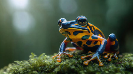 A vividly colored frog with orange and blue hues rests on lush green moss in a tropical rainforest. Sunlight filters through the foliage, enhancing the vibrant colors.の素材