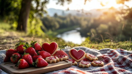 A delightful picnic setup features heart-shaped cookies and fresh strawberries on a wooden plate. Two jars with drinks sit nearby, basking in warm sunlight by a peaceful water view.の素材