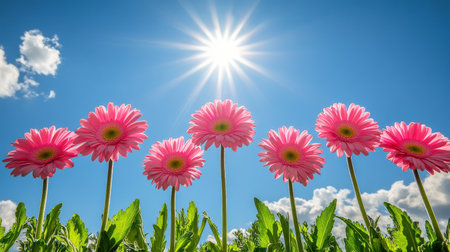 Vibrant pink flowers stand tall in a lush garden, illuminated by golden hour sunlight, creating a magical and serene atmosphere filled with natural beauty.の素材