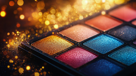 A close-up view of a makeup palette showing various shimmering shades, including vibrant reds, golds, and blues, set against a backdrop of sparkling lights.の素材