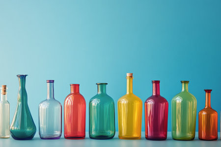 A vibrant collection of glass bottles in various colors lined up against a bright blue wall, creating a cheerful and artistic display that captures attention.の素材