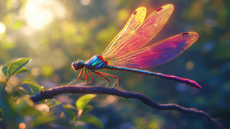 A vibrant dragonfly perches on a slender branch, showing its striking blue and orange wings against a blurred green backdrop. The sunlight highlights its delicate features.の素材