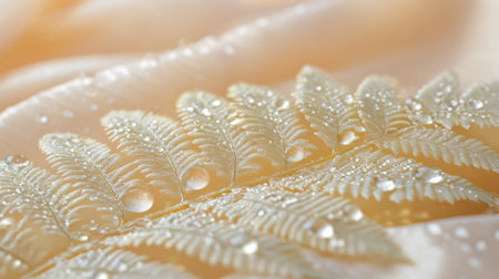 Silver leaf-shaped earrings adorned with sparkling stones rest on lush green leaves, with droplets of water adding a fresh touch in soft, natural light.の素材