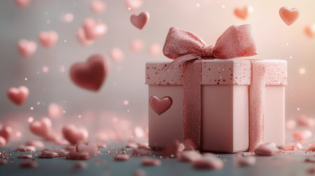 A lovely gift box adorned with heart shapes and a shimmering ribbon surrounded by floating hearts, perfect for celebrating love at special events.の素材