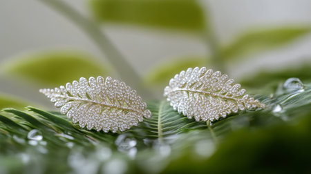 Silver leaf-shaped earrings adorned with sparkling stones rest on lush green leaves, with droplets of water adding a fresh touch in soft, natural light.の素材
