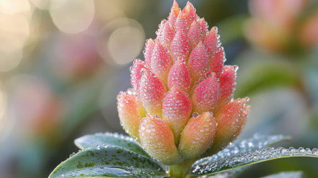 A vibrant flower bud adorned with droplets of dew sparkles in the morning light, surrounded by rich green foliage, highlighting the beauty of nature in a tranquil garden.の素材