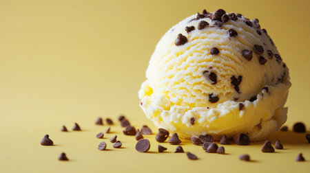 A creamy scoop of vanilla ice cream topped with tiny chocolate chips sits on a soft pink surface, inviting enjoyment on a warm day with a sweet treat.の素材