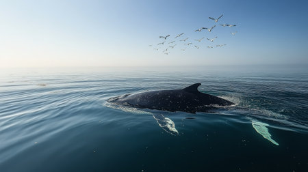 A whale glides through calm waters while seagulls soar overhead. The soft light of dawn casts a serene atmosphere, creating a tranquil moment in nature.の素材