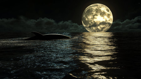 A dolphin gracefully swims through tranquil ocean waters illuminated by a bright full moon. The serene night creates a captivating atmosphere, highlighting nature's beauty.の素材