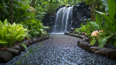 Water flows gracefully over stones, creating a peaceful waterfall surrounded by vibrant plants and trees, inviting tranquility in a lush rainforest.の素材