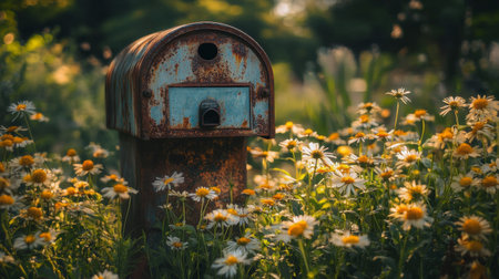 A rustic mailbox stands amidst blooming flowers, illuminated by soft sunlight. The enchanting garden atmosphere evokes tranquility and nostalgia, perfect for letter writing.の素材