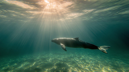 A whale glides smoothly underwater, illuminated by rays of sunlight piercing through the ocean surface. The serene atmosphere highlights the beauty of marine life.の素材