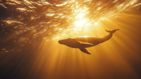 A humpback whale swims serenely in the ocean, illuminated by warm golden sunlight filtering through the water, creating a tranquil and stunning underwater ambiance.の素材
