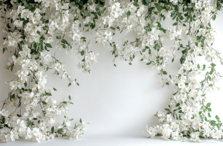 A beautiful arrangement of white flowers and greenery draping gently from the top to create a serene backdrop, perfect for weddings, parties, or photo shoots.の素材