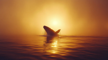 A humpback whale leaps out of the ocean at sunset, creating a magnificent splash as sunlight reflects off the water droplets, capturing a moment of natural beauty.の素材