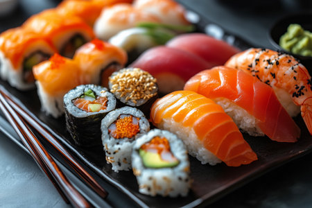 A beautifully arranged platter of sushi showcases a variety of styles and flavors, featuring colorful fish, rolls, and garnishes, set on a dark stone surface with chopsticks.の素材