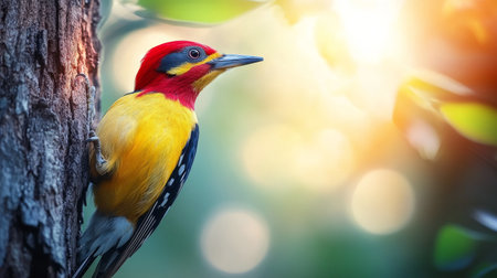 A woodpecker with bright red, yellow, and blue feathers rests on the side of a tree. The soft light of the golden hour illuminates the forest background with warm colors.の素材