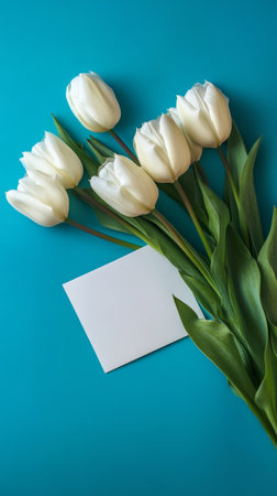 Three elegant white tulips arranged on vibrant blue surface, accompanied by a blank card, perfect for spring greetings or decorative purposes.の素材