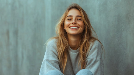A young woman with long, wavy hair is smiling brightly while sitting comfortably against a textured gray wall. She is wearing a relaxed outfit and appears joyful.の素材