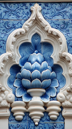 Intricate floral patterns in vivid blue and white adorn this ceramic piece, highlighting skilled artistry and cultural heritage. The design features layered flowers with delicate details.の素材