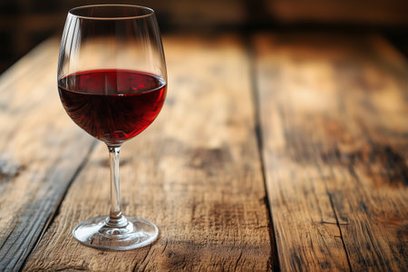 A glass filled with deep red wine rests on a weathered wooden table, illuminated by soft ambient light, creating a warm and inviting atmosphere in the evening.の素材