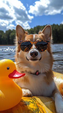 A small dog wearing stylish sunglasses relaxes on a yellow float in a lake. Nearby, a bright rubber duck adds to the fun of a beautiful summer day.の素材