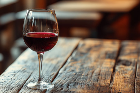 A glass filled with deep red wine rests on a weathered wooden table, illuminated by soft ambient light, creating a warm and inviting atmosphere in the evening.の素材