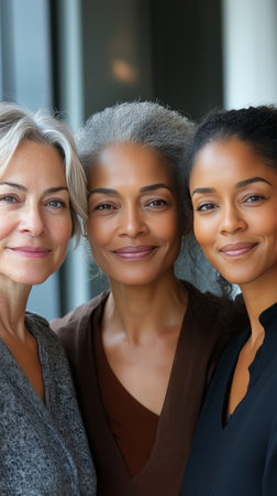Three women of different ages and backgrounds stand close together, smiling warmly.の素材