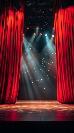Red curtains frame a theatrical stage illuminated by soft blue lights, creating a mystical atmosphere ideal for a captivating performance. The wooden floor adds warmth to the space.の素材