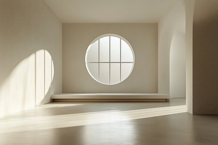 Bright and airy interior features a large circular window that invites soft natural light. The minimalist design emphasizes clean lines and a calming atmosphere.の素材