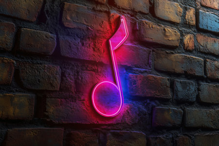 A bright neon music note illuminates a textured brick wall at night, creating a vibrant focal point in the urban landscape. The warm glow adds energy and depth to the environment.の素材