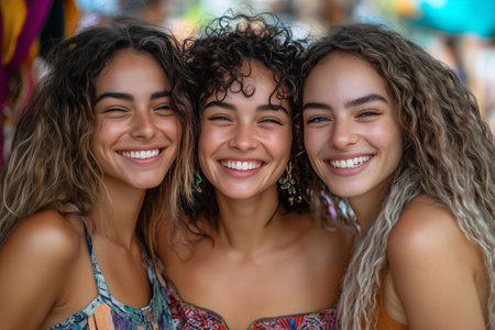 Three women with curly hair happily pose together, showing off their vibrant swimsuits in a sunlit tropical setting filled with lush greenery.の素材