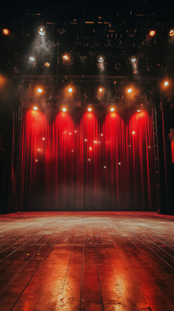 Red curtains frame a theatrical stage illuminated by soft blue lights, creating a mystical atmosphere ideal for a captivating performance. The wooden floor adds warmth to the space.の素材