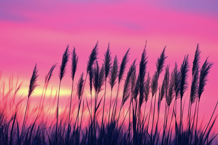Tall grasses stand silhouetted against a stunning sunset sky filled with vibrant pink and purple hues, creating a peaceful atmosphere in natures embrace.の素材