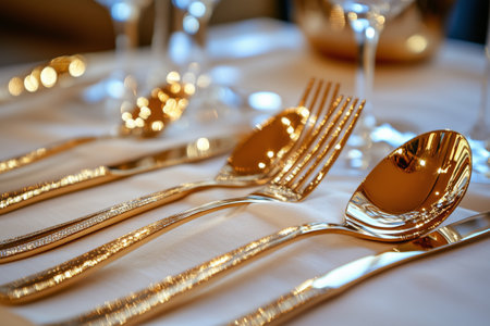 Intricately designed golden cutlery is displayed neatly on a white tablecloth, showcasing an upscale dining experience with sparkling utensils and ambient surroundings.の素材