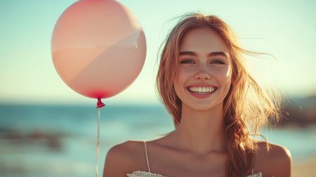 A young woman with curly hair smiles brightly while holding an orange balloon in a colorful urban area. The setting features bold wall colors, creating a joyful atmosphere.の素材