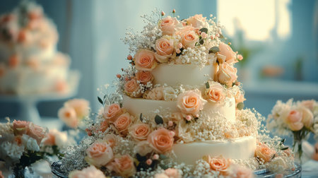 A beautifully decorated three-tiered wedding cake is set in a bright venue, surrounded by fresh roses and delicate white flowers, creating a romantic atmosphere for celebrations.の素材