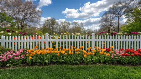 Bright red tulips and cheerful yellow daffodils line a white picket fence, contrasting beautifully with the lush green grass and blue sky filled with fluffy clouds.の素材