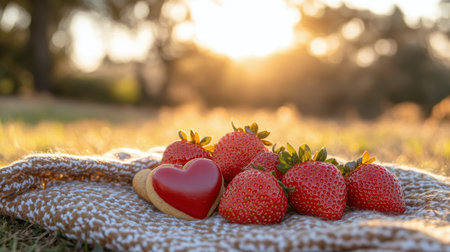 A delightful picnic setup features heart-shaped cookies and fresh strawberries on a wooden plate. Two jars with drinks sit nearby, basking in warm sunlight by a peaceful water view.の素材