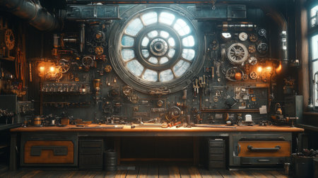 A vintage workshop features an array of tools, gears, and machinery arranged against a dark wall. The large circular window lets in soft light, enhancing the steampunk atmosphere.の素材
