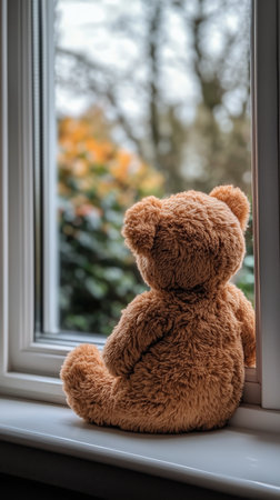 A fluffy bear sits on a windowsill, looking outside at autumn-colored trees and lush greenery during a tranquil afternoon, evoking feelings of nostalgia and comfort.の素材