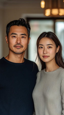 A young couple stands close to each other on a city street. The warm sunlight highlights their features as autumn leaves can be seen in the background, creating a cozy atmosphere.の素材