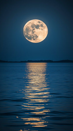 A bright full moon illuminates the night sky, casting shimmering reflections on tranquil waters close to the shore. The scene evokes a serene and peaceful atmosphere.の素材