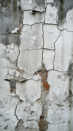 Close-up of a cracked wall with peeling paint, revealing the texture and age of the surface. The wall shows various shades of gray and white, highlighting deterioration over time.の素材