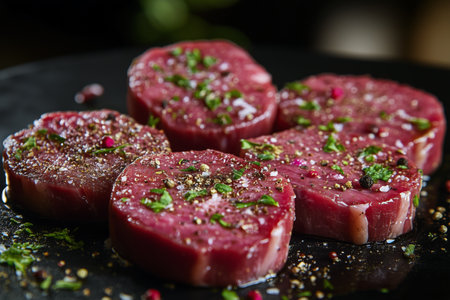 Several beef steaks are laid on a counter, generously seasoned with herbs and spices, showcasing a rich, marbled texture ideal for grilling or roasting.の素材